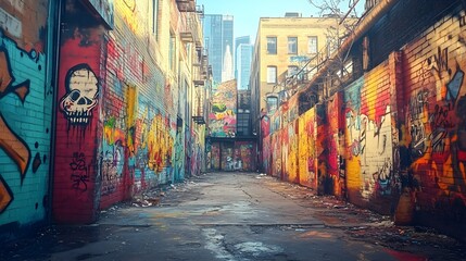 Fototapeta premium A photo of a graffiti-covered alleyway with colorful spray-painted walls.