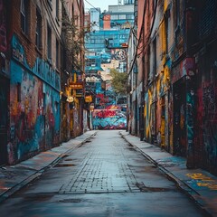 Fototapeta premium A photo of a graffiti-covered alleyway with colorful spray-painted walls.