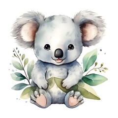 Cute koala hugging eucalyptus branch, watercolor illustration for australia day