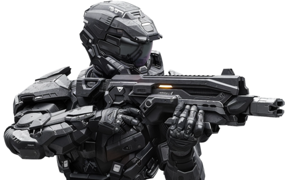 High Tech Soldier Equipped with Cutting Edge Armor and Weaponry Isolated on Transparent Background PNG