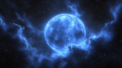 Obraz premium Glowing blue moon in dark night sky.