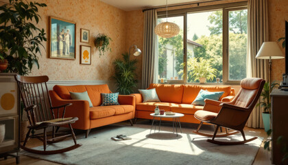 Art deco interor living room with a large window, curtains, a sofa, a coffee table, and a record player.