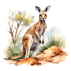Red kangaroo standing in australian outback watercolor painting