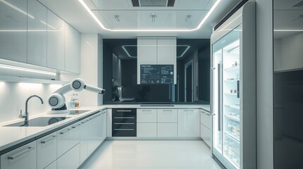  a futuristic smart kitchen bathed in soft light transparent refrigerator, robotic arm, holographic instructions. 