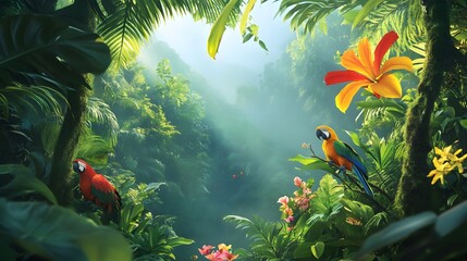 Lush green plants exotic flowers and bright birds