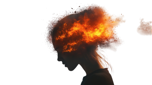 Fiery explosion bursting from a female silhouette?? head representing mental overload - Powered by Adobe
