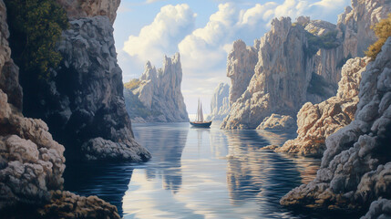 A peaceful harbor framed by rocky cliffs, with smooth, glass-like water reflecting the jagged patterns of the surrounding rocks