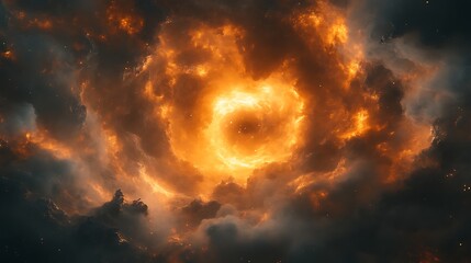 Fiery vortex swirling within dark clouds.