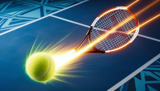 Neon green tennis racket with a glowing tennis ball. sport, fitness, sports equipment concept