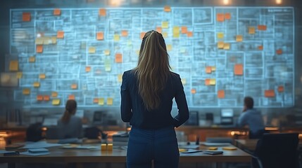 Woman reviewing project plan on large screen.