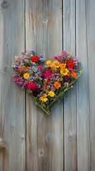 Bouquet of wildflowers arranged into a heart shape, lying on rustic wooden planks for a Valentine&rsquo;s touch