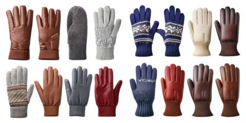 Variety of Stylish Gloves on Transparent Background