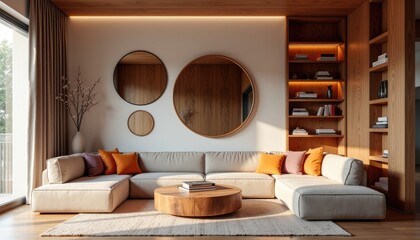 Modern art deco interior japandi living room with a large sectional sofa, round mirrors, and built-in bookshelves.