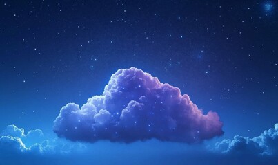 Fototapeta premium Beautiful blue sky with a purple cloud in the middle. The sky is filled with stars and the cloud is surrounded by them