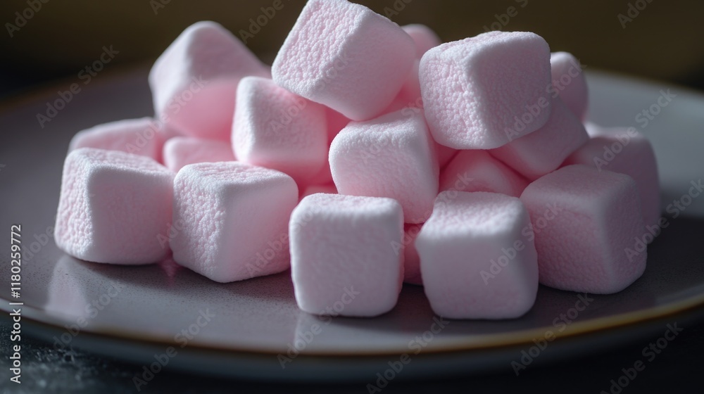 Poster a stack of marshmallows on a white plate, ready for snacking or decoration