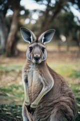 Fototapeta premium A close-up view of a kangaroo standing in a green field, looking around
