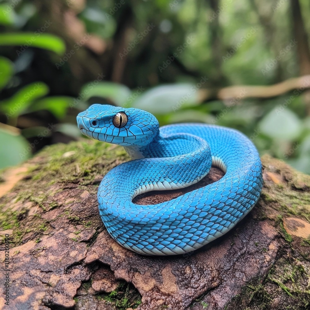 Poster a close-up shot of a blue snake resting on a tree branch, natural environment
