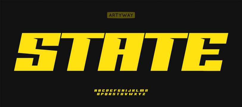 Powerful geometric typography, bold angular letters, modern futuristic sporty font style, thick graphic letters, strong square design, edgy headline for sportswear branding. Vector alphabet.