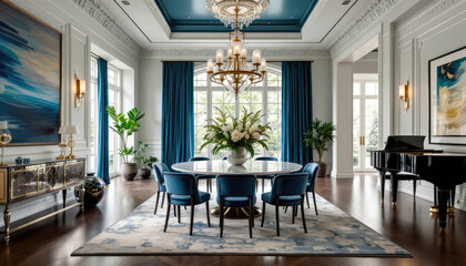 Luxurious dining room with a grand chandelier, a round marble dining table surrounded by blue chairs, and a grand piano in the background.