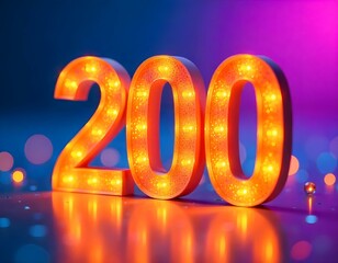 A close-up of the number 200 in bold, large font, with a vibrant gradient background transitioning from blue to purple, with soft bokeh lights in the foreground.