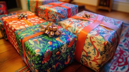 Wrapped Christmas gifts with colorful decorations