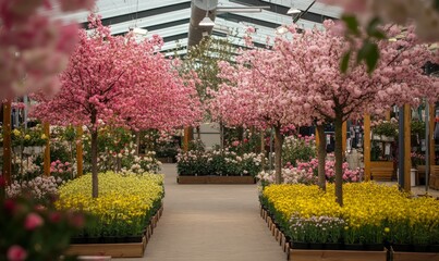 Fototapeta premium Blossom trees in garden centre