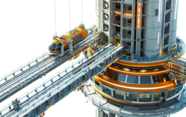 A Futuristic Space Elevator Transporting Cargo to Orbital Stations Isolated on Transparent Background PNG