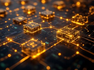 Glowing cubes connected on a circuit board.