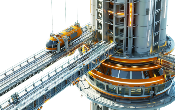 A Futuristic Space Elevator Transporting Cargo to Orbital Stations Isolated on Transparent Background PNG