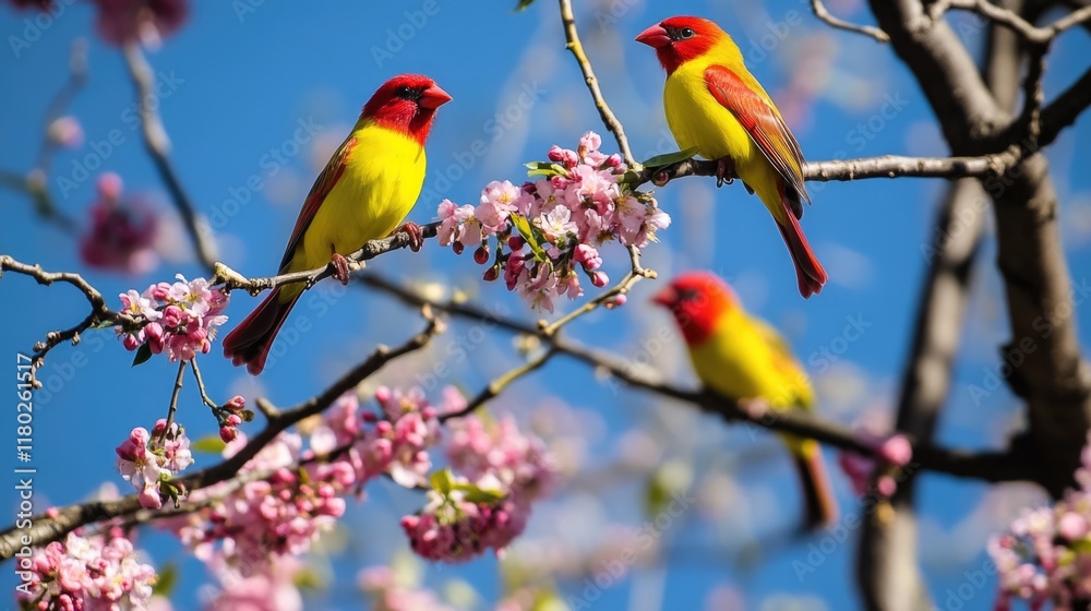 Poster two birds sitting on a tree branch, possibly enjoying the view