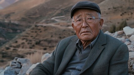 An elderly man wearing glasses and a cap sits on a rugged landscape, his wise gaze reflecting a lifetime of stories and experiences.