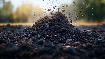 Dirt flying from a soil pile scattered on the ground, ideal for construction or excavation scenes