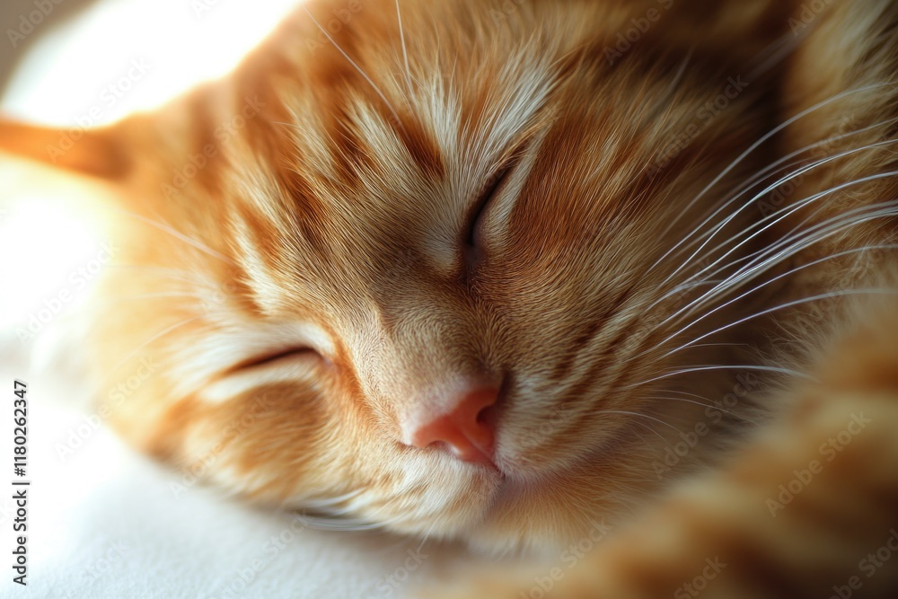 Poster a close-up view of a cat resting peacefully on a bed