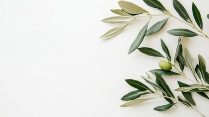 Closeup of Olive Branch with Fresh Green Olives on a Crisp White Background
