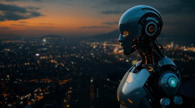 Robot is standing on a city street at night. The robot is wearing a helmet and has a blue light on its head. The city is lit up with lights, creating a futuristic and mysterious atmosphere