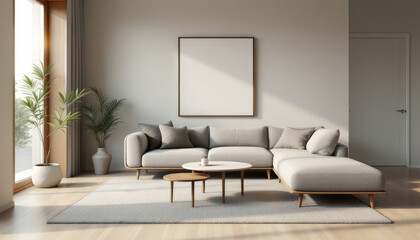 Modern japandi living room with a gray sectional sofa, a coffee table, and a large window with curtains.