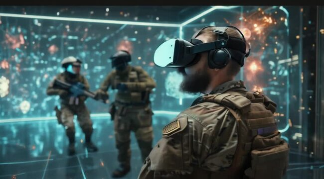 Man in a military uniform is wearing a virtual reality headset and looking at a computer screen. The scene is set in a virtual reality environment