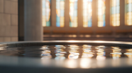Baptismal Font with Stained Glass Reflections in Church