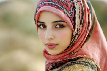 Young beautiful Iranian woman wearing colourful hijab. Arabic Muslim lady in traditional clothes
