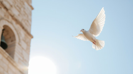 Dove Flying Near Church Bell Tower Symbolizing Peace