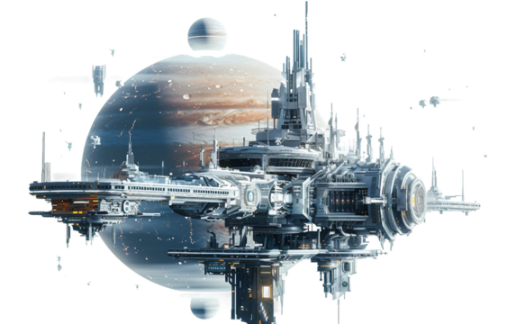 A Futuristic Space Station Orbiting a Distant Planet in Outer Space Isolated on Transparent Background PNG