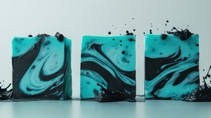 Three teal and black marbled soap bars with liquid splashes.