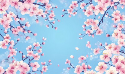 blue background with spring cherry blossom branches, top view, flat lay, frame. Creative springtime layout, banner or template