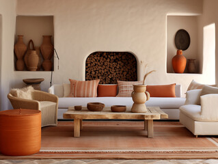 Modern nomadic style living room interior with chalky white walls, cozy couch with terracotta pillows, coffee table and artwork on the wall. Prairie style interior. Rustic tribal interior.