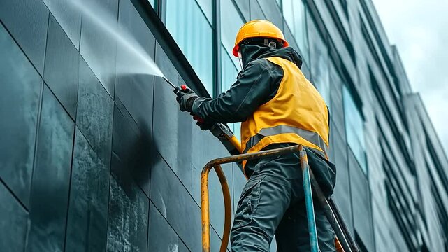 A construction worker in full safety gear stands on a scaffold, using a high-pressure water jet to meticulously clean the weathered facade of a tall building.