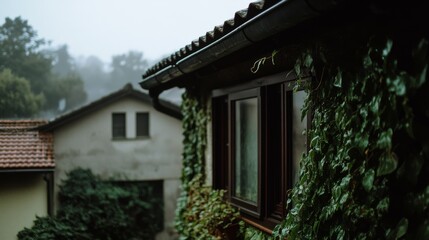 A misty morning scene with ivy-covered house walls and blurred greenery in the background, evoking a sense of tranquility and calm.