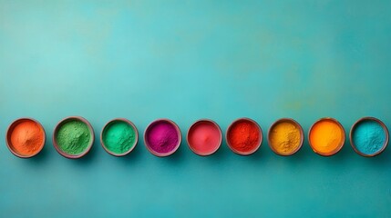 Vibrant Holi Powder in Wooden Bowls on Minimalist Green Background 5