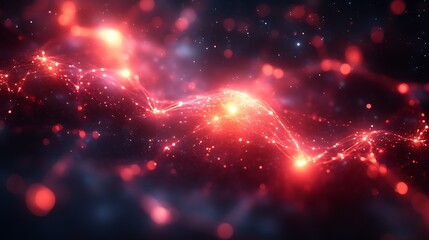 Abstract red energy wave with glowing particles.