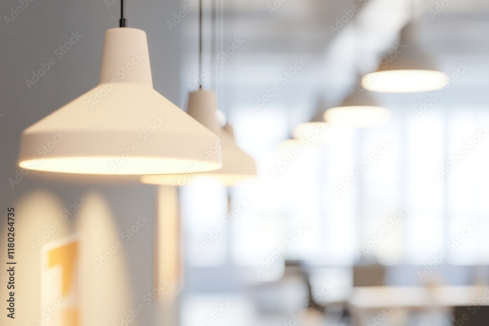 Poster a row of white lamps hung from the ceiling with wires and bulbs visible