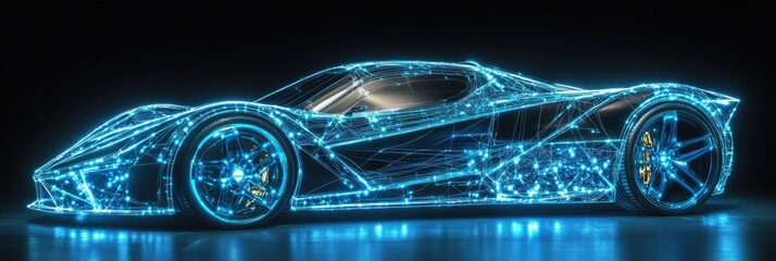 Fototapeta premium Neon Dreams: Futuristic Vehicle Wireframe with LED Illumination in a Cosmic Nightscape